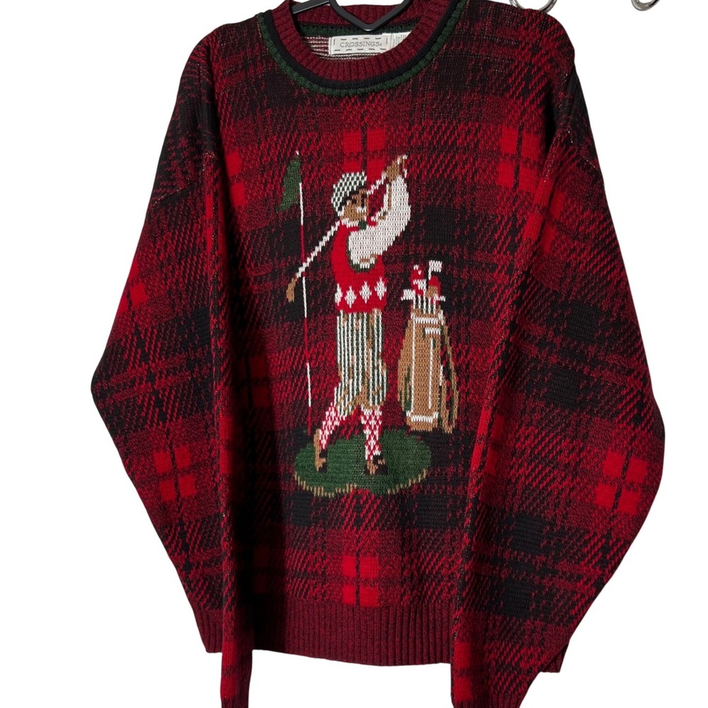 Crossings Christmas Men's Plaid Golf Fair‎ SweaterXLRed Black Green Knit Crew - Picture 2 of 9